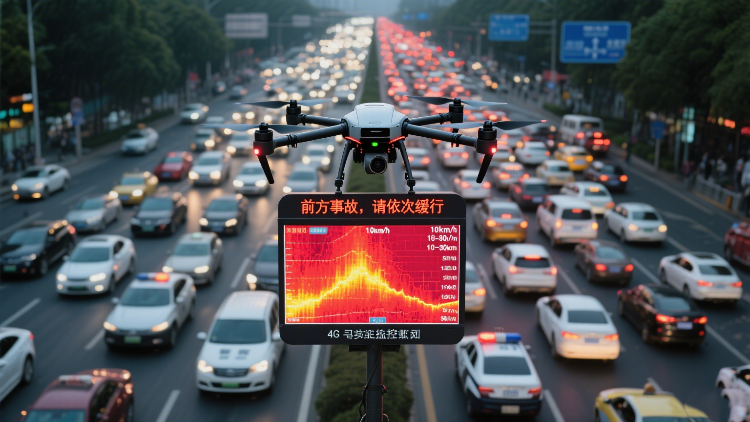 交通指挥大屏与无人机巡查画面